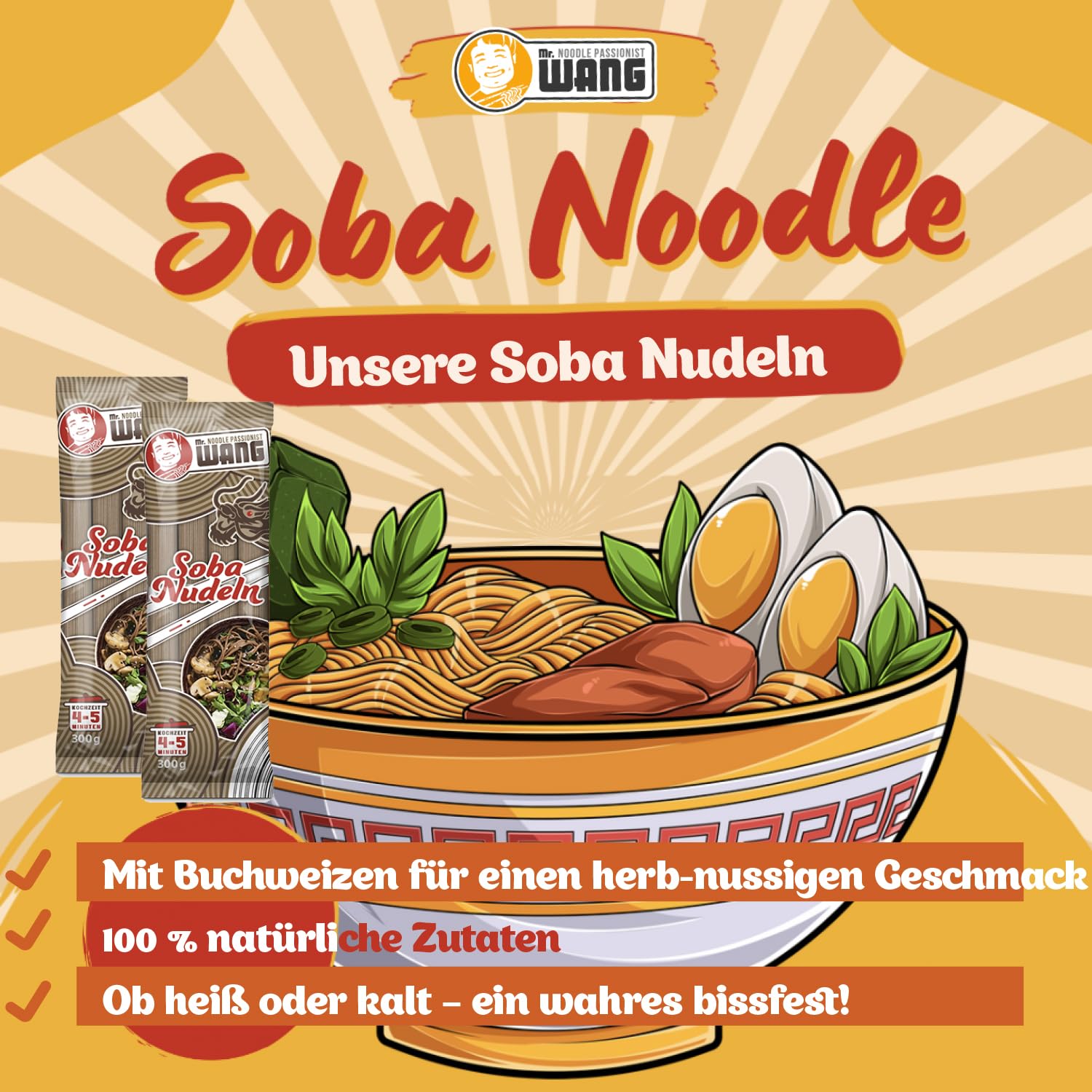 Mr. WANG Pasta de soba, 36 x 300 g, tradicional japonesa de trigo sarraceno, paquete de 36 unidades, perfecto para restaurante, gastro
