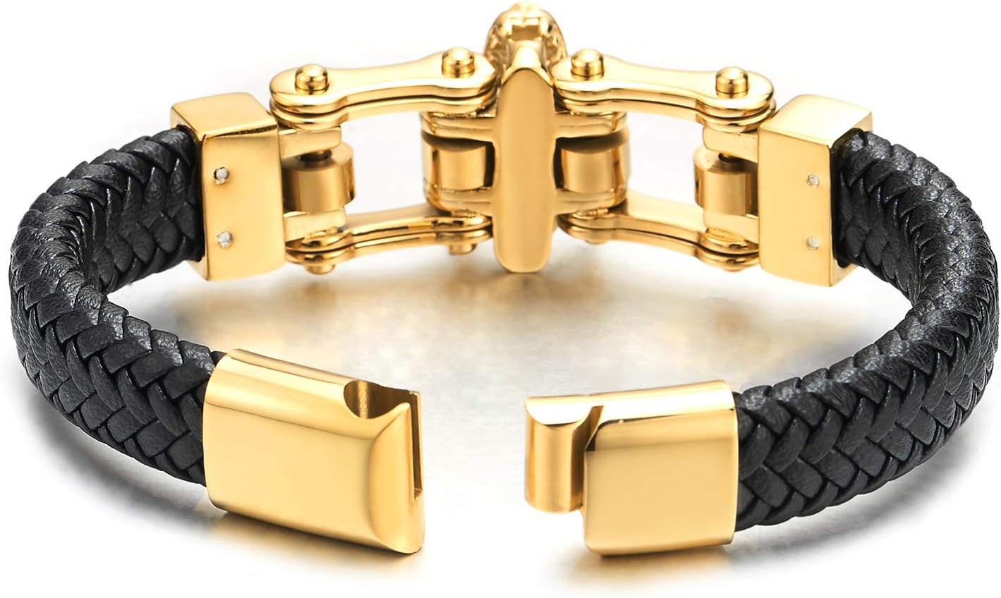 Mens Steel Gold Color Wolf Head Motorcycle Bike Chain Black Braided Leather Bangle Bracelet, Magnetic Clasp - Image 3