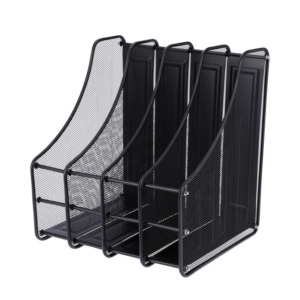 Organizer per portadocumenti in metallo con 4 slot, supporto verticale per ufficio, scrivania, casa, nero, 28x34,5x35 cm