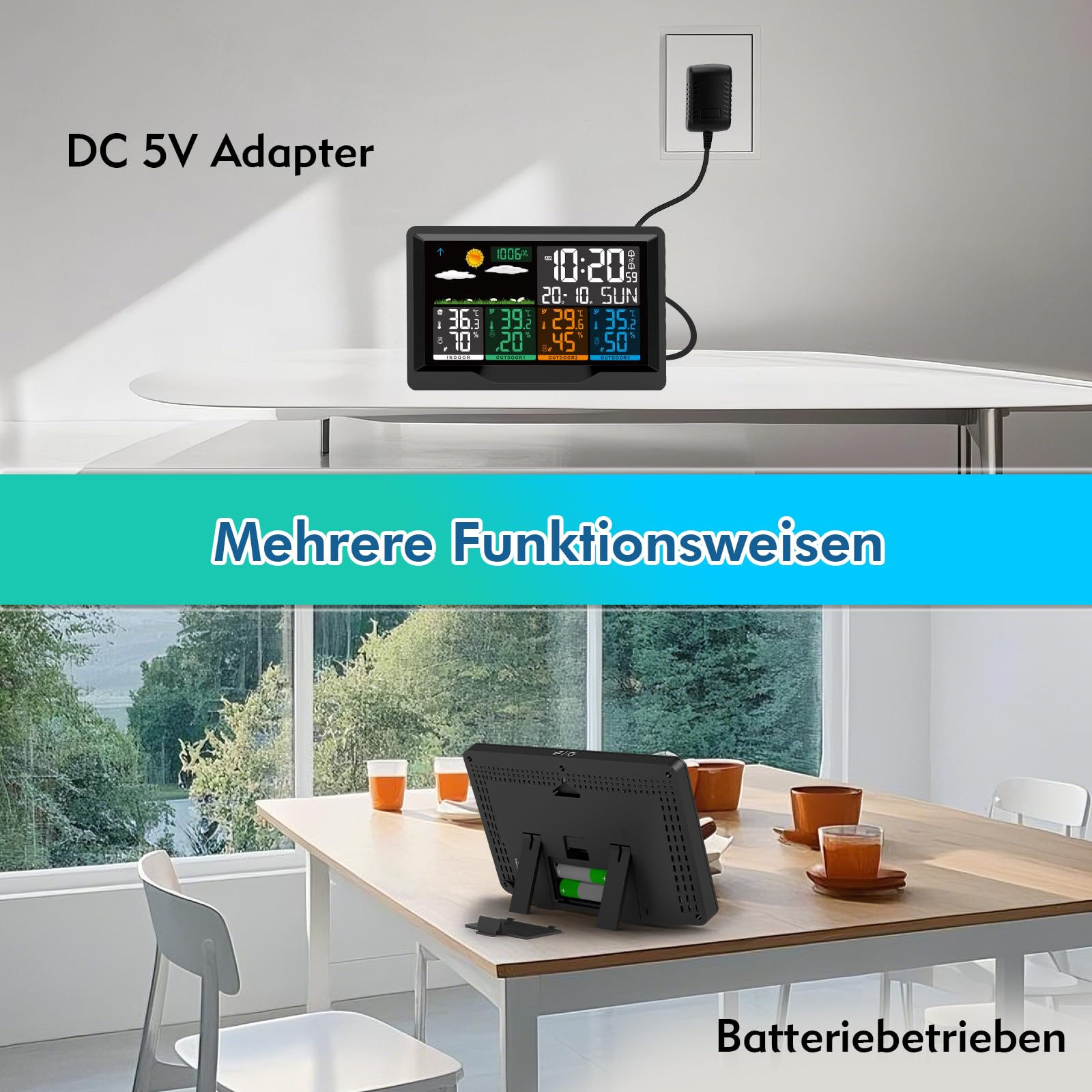 Wetterstation Funk mit Außensensor, Wetterstation Funk mit 3 Außensensor, 7,5" VA-Farbdisplay Funkwetterstation mit DCF Funkuhr, Innen- & Außentemperatur, Luftfeuchtigkeit, Wettervorhersaget für Hau
