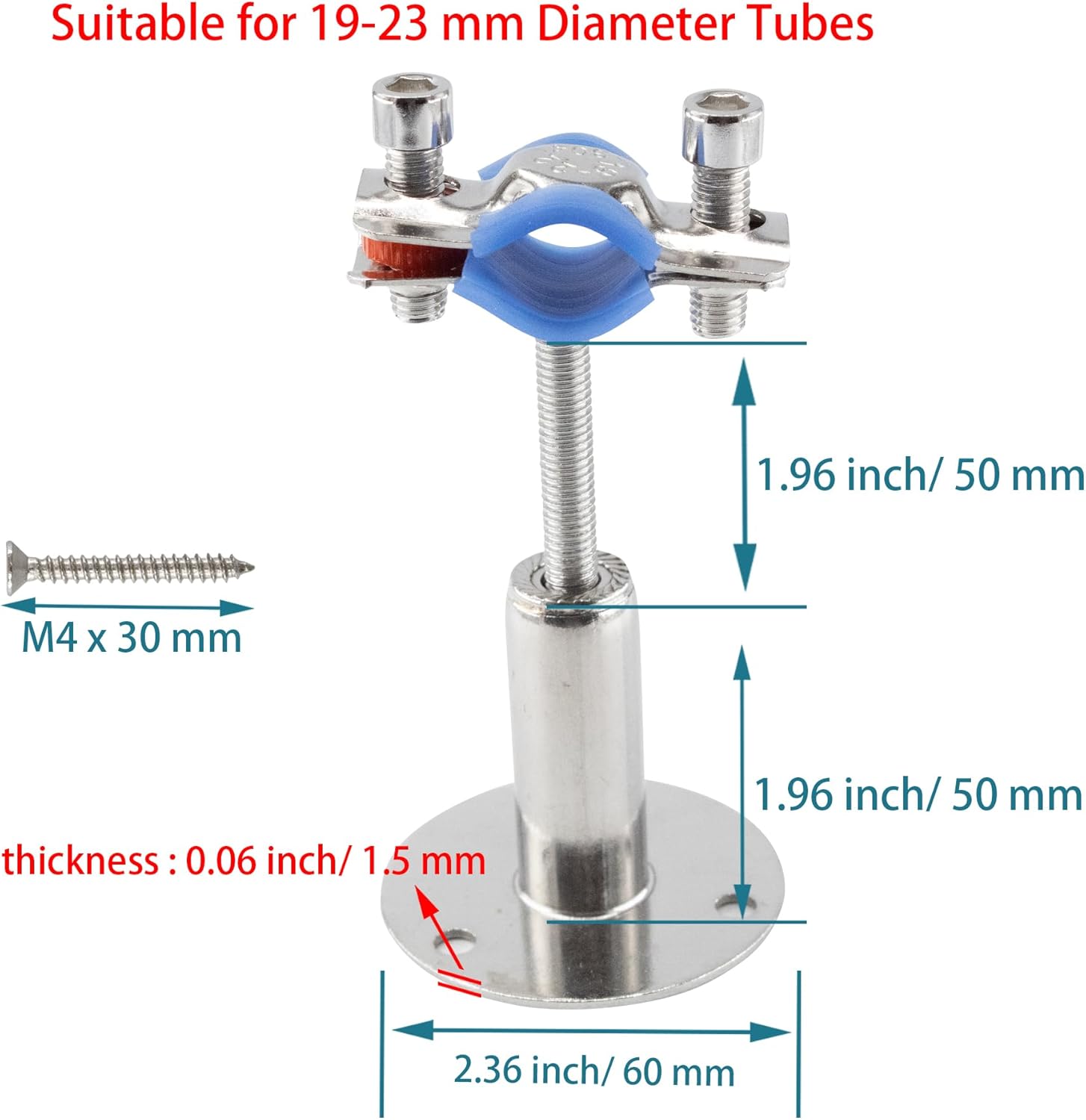 304 Stainless Steel Wall Mount Ceiling Mount Pipe Supports, Adjustable Pipe clamp Fixed Support Pipe Strap Bracket for 1/2inch (19-23mm ) Diameter Tubes, Adjustable Height 50-100mm, 2PCS