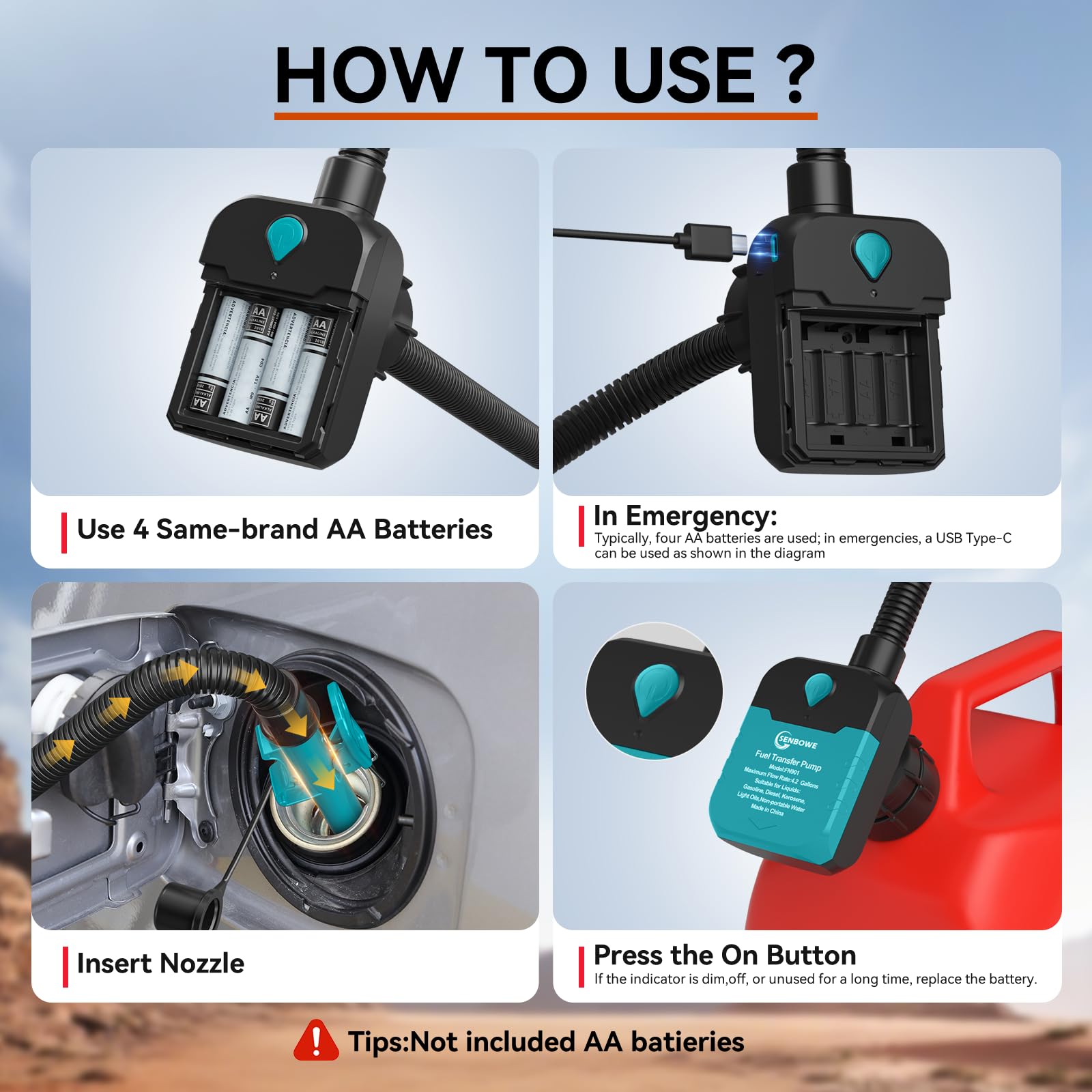 Blue - Bomba de transferencia de combustible con parada automática, batería de 4.2 GPM o bomba de gasolina alimentada por USB para latas de combustible, bomba de transferencia de gasolina eléctrica
