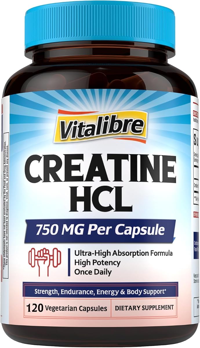 Vitalibre Creatine HCl Capsule, 750mg High Absorption Creatine Hydrochloride, Endurance, Strength, Fast Absorbing, No Load, No Bloat, Monohydrate Micronized Alternative, Once Daily, 120 Capsules