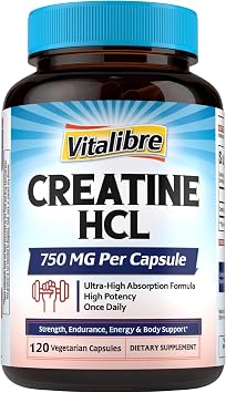 Vitalibre Creatine HCl Capsule, 750mg High Absorption Creatine Hydrochloride, Endurance, Strength, Fast Absorbing, No Load, No Bloat, Monohydrate Micronized Alternative, Once Daily, 120 Capsules