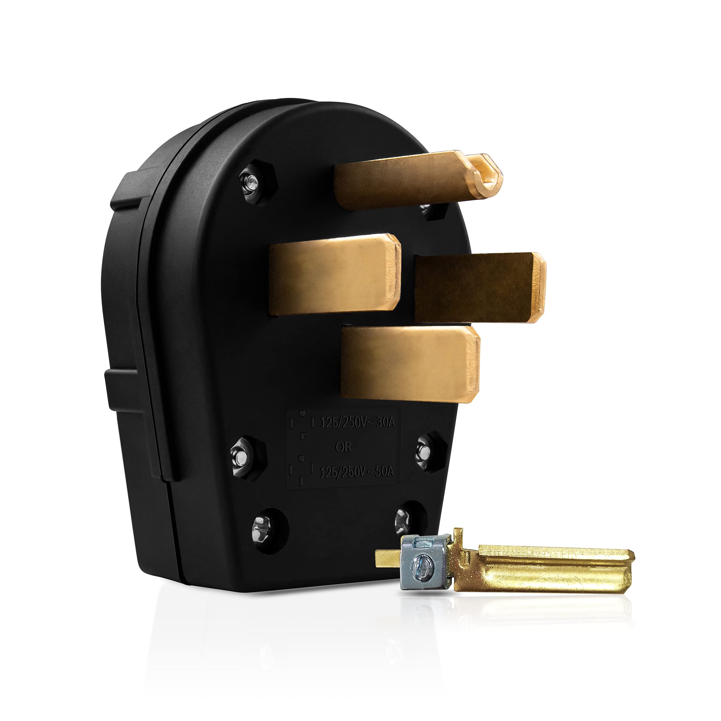 ENERLITES Straight Blade Angle Plug, AC Dryer Replacement Male Angle Plug, NEMA 14-30/50P, 50 Amp, 125V/250V, 66351-BK, Black