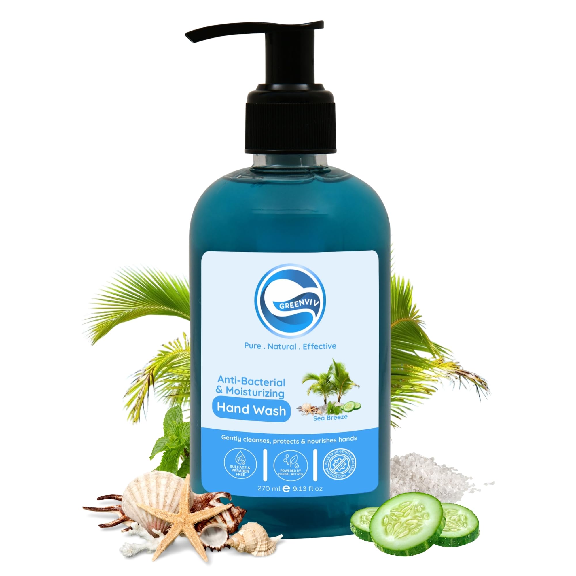 Greenviv Natural Handwash Liquid Sea Breeze, 270ML, Anti Bacterial Moisturizing Hand Wash
