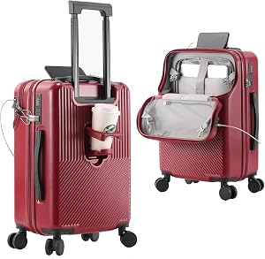 20 Inch Carry On Luggage, Front Pocket Carryon Suitcase with Phone Holder & Cup Holder, Hardshell Luggage with Double TSA Lock, USB Port (Red)