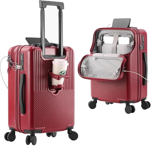 20 Inch Carry On Bagage, Valise de porte-monnaie de poche avec support téléphonique & Porte-gobelet, sac en coque dure avec double TSA Verrouillez. USB Port (Rouge)