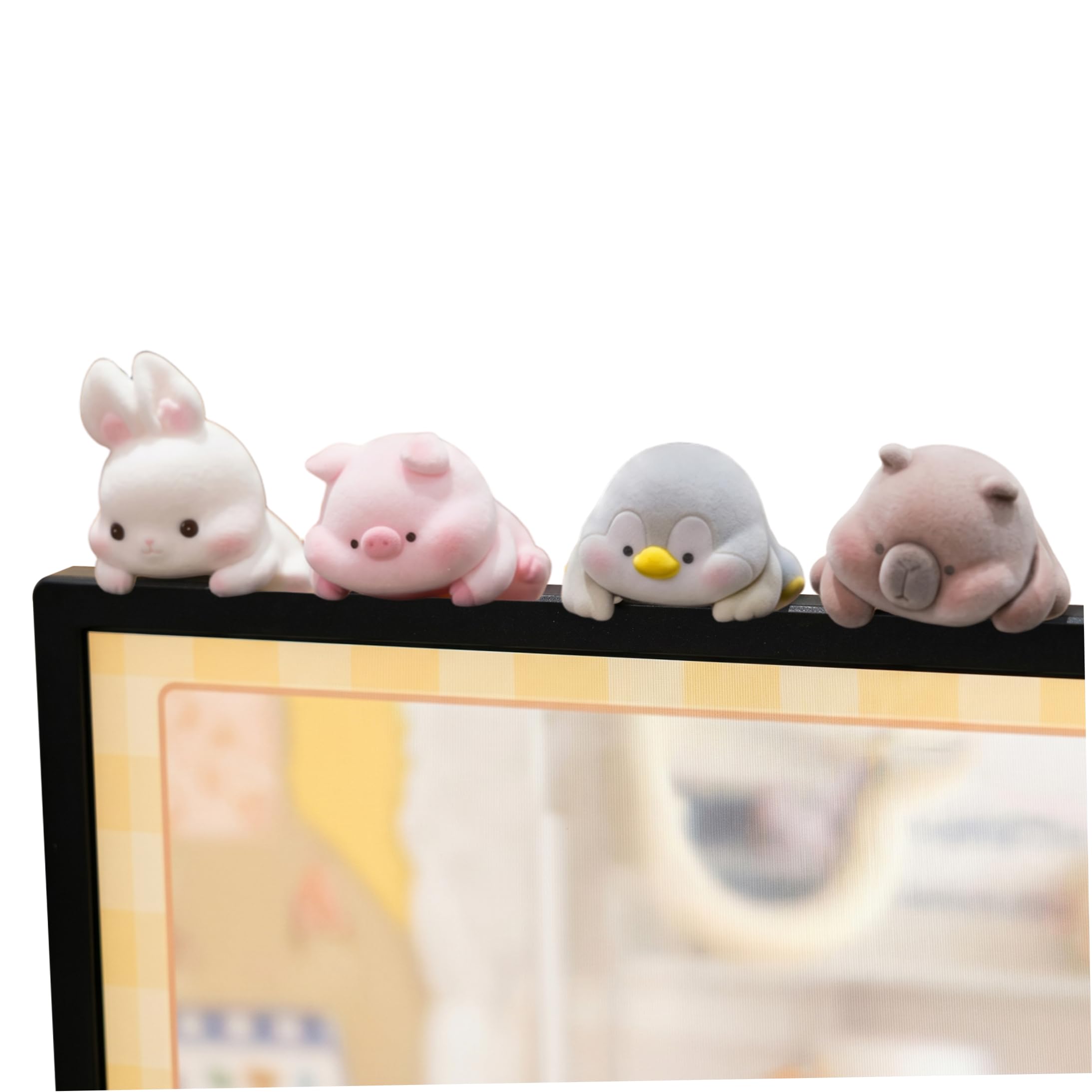Ameble 4-Pack Fuzzy Animal Monitor Buddy Set, Cute Computer Monitor Decor for Office Desk & Car Dashboard, Soft Plush Desk Figurines, Tech Accessory
