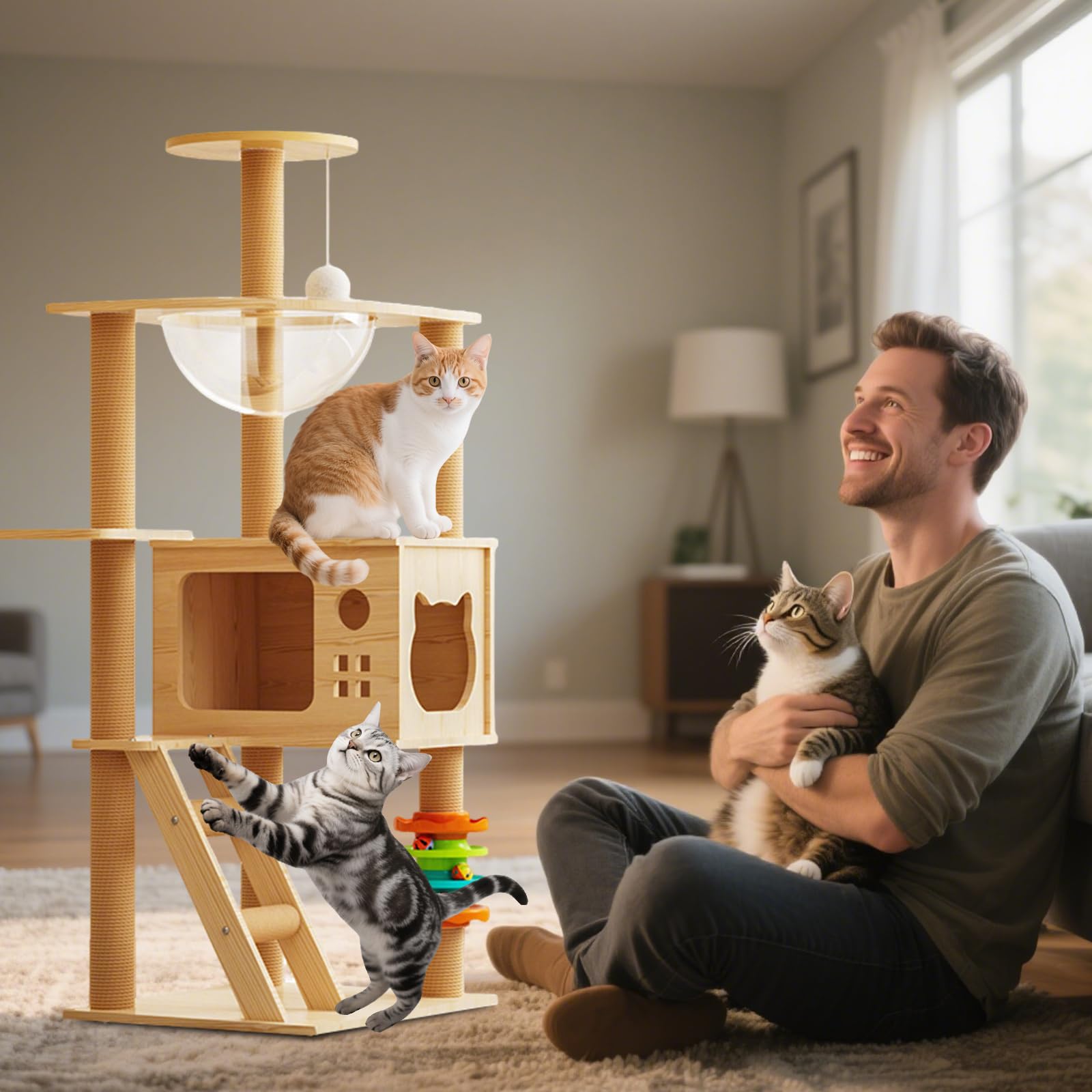 PETCUTE Torre per Gatti da Interni, Moderno,A Più Piani,Albero Tiragraffi in Legno per Gatti con Albero in Sisal, Capsula Spaziale,Piattaforma di Osservazione,Grotta,Pallina Giocattolo