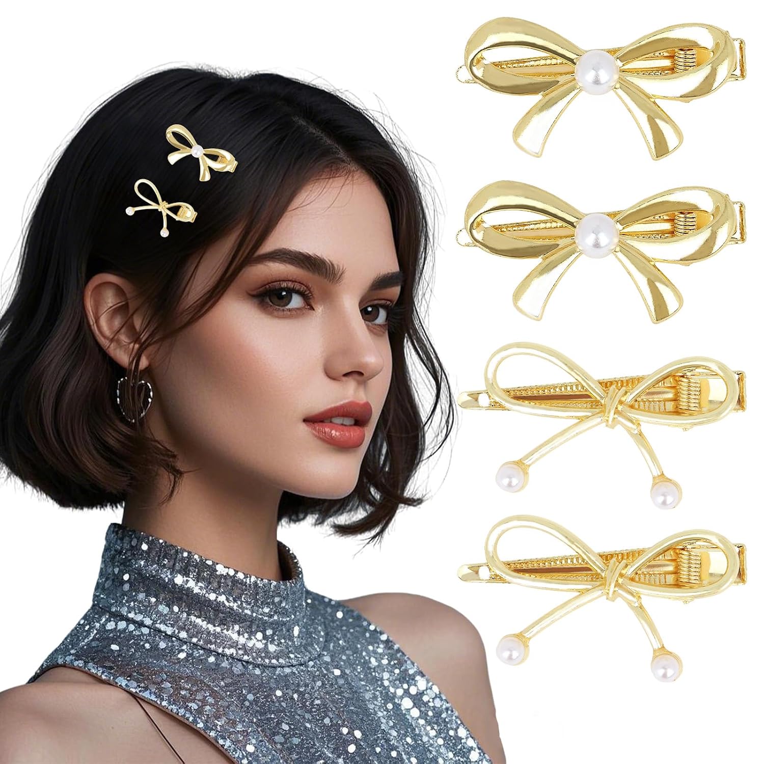 CURASA Hair Clips - Elegant Gold Pearl Bow Accessories