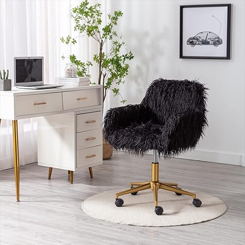 Silla de oficina en casa de piel sintética moderna negra, silla esponjosa para niñas, silla de tocador de maquillaje con base chapada en oro