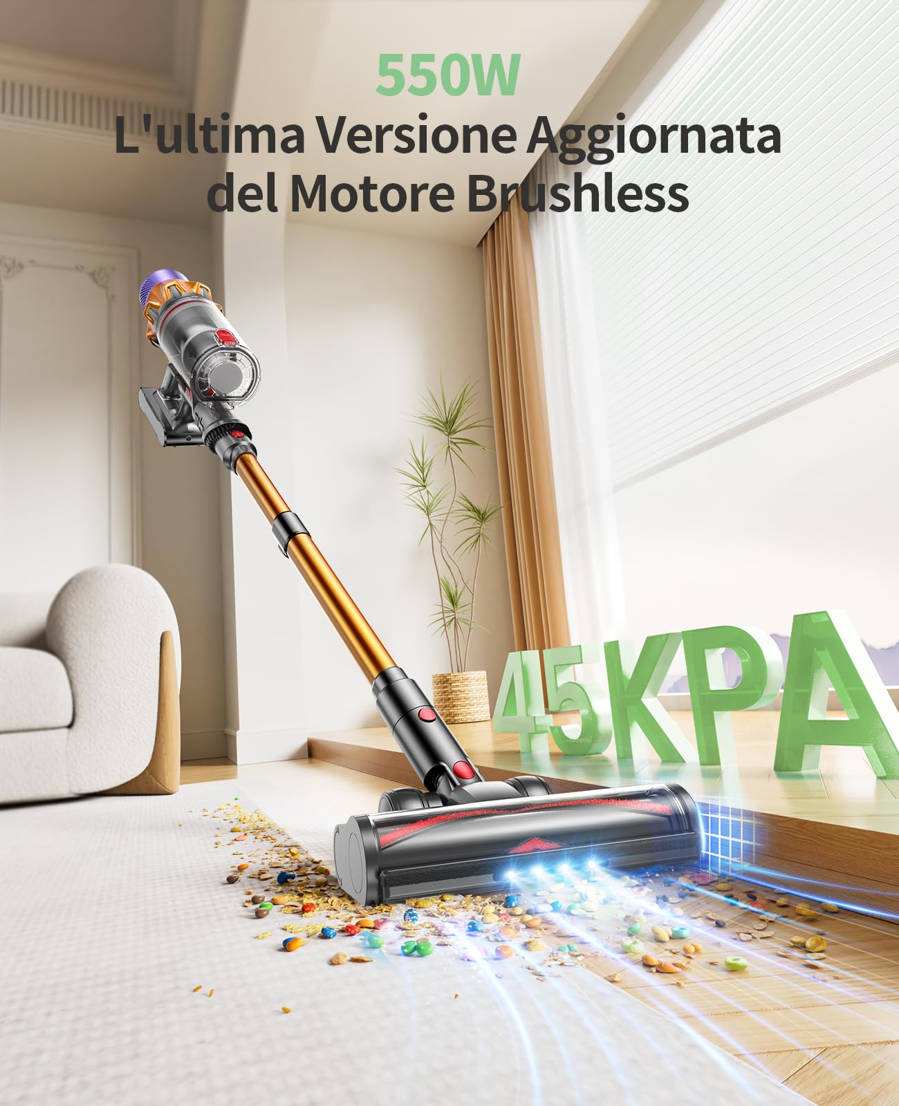 SunSare Aspirapolvere Senza Fili Potente 45Kpa&550W, 60Mins Scopa Elettrica Senza Fili con Ricarica a Muro e Funzione Autoportante, 7 in 1 Aspirapolvere Senza Filo per Pavimenti/Tappeti/Casa X7A