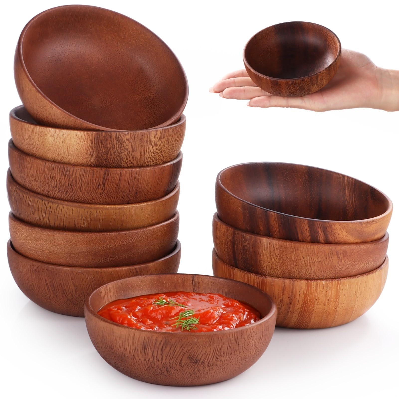 Lot de 10 bols ronds en bois d'acacia fabriqués à la main, parfaits pour salade, sauces, apéritifs, condiments, noix, bonbons et céréales, plateau de service