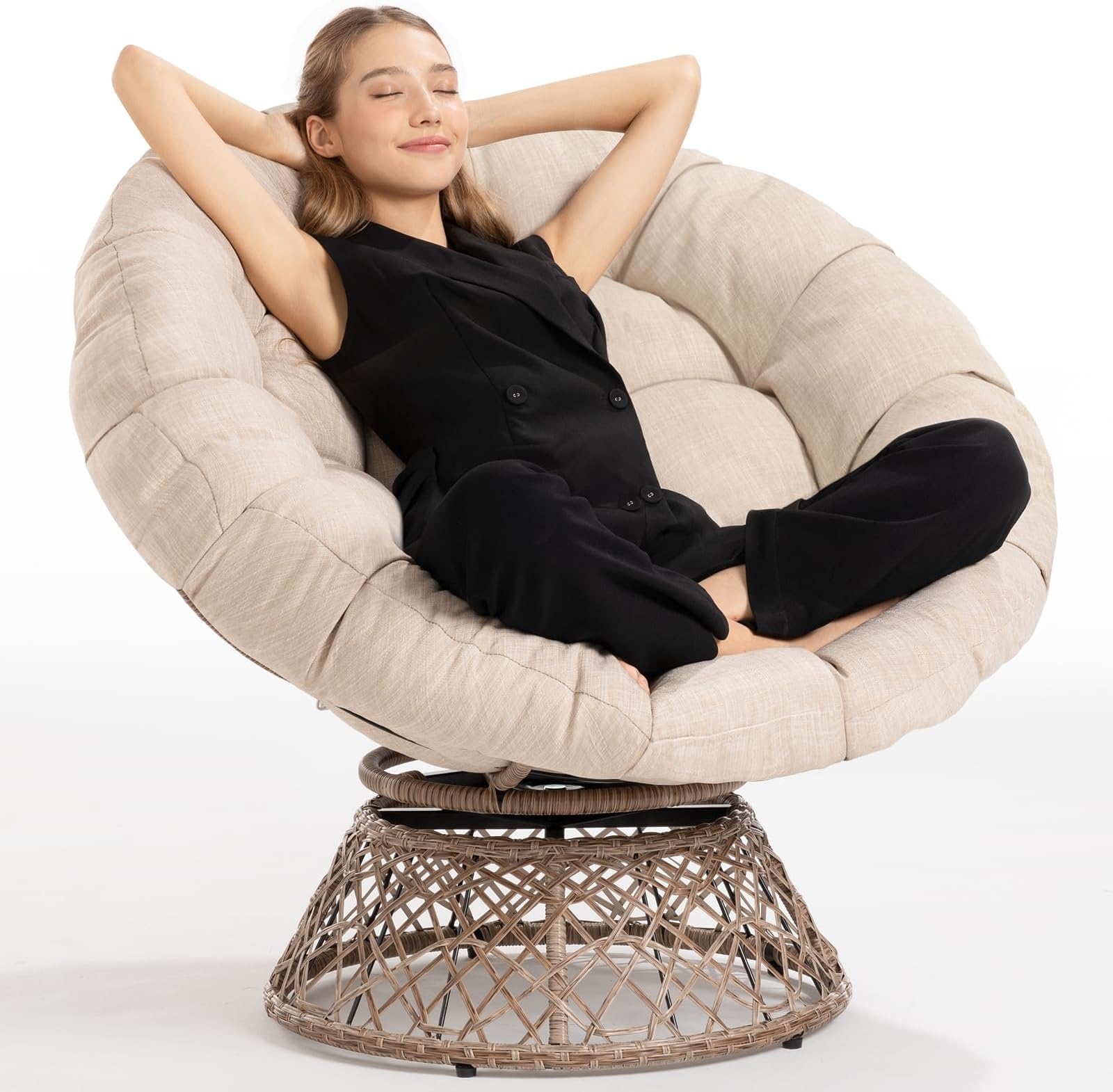Bme Ergonomic Wicker Papasan Chair with Soft Thick Cushion & Frame