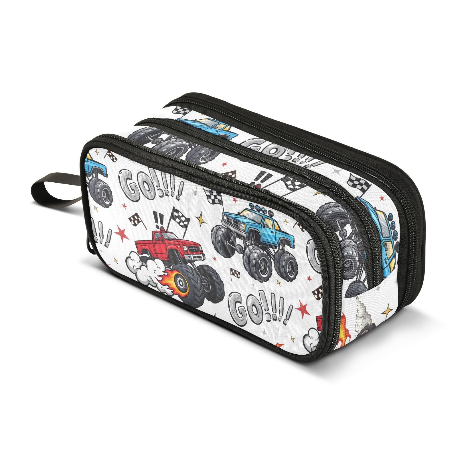 BOENLE Truck Racing Car Flag Pencil Case Box Boys Girls Large Pencil Pouch Zipper Compartments Big Capacity Stationery Pen Bag Organizer for Kids Teens Adults School Office