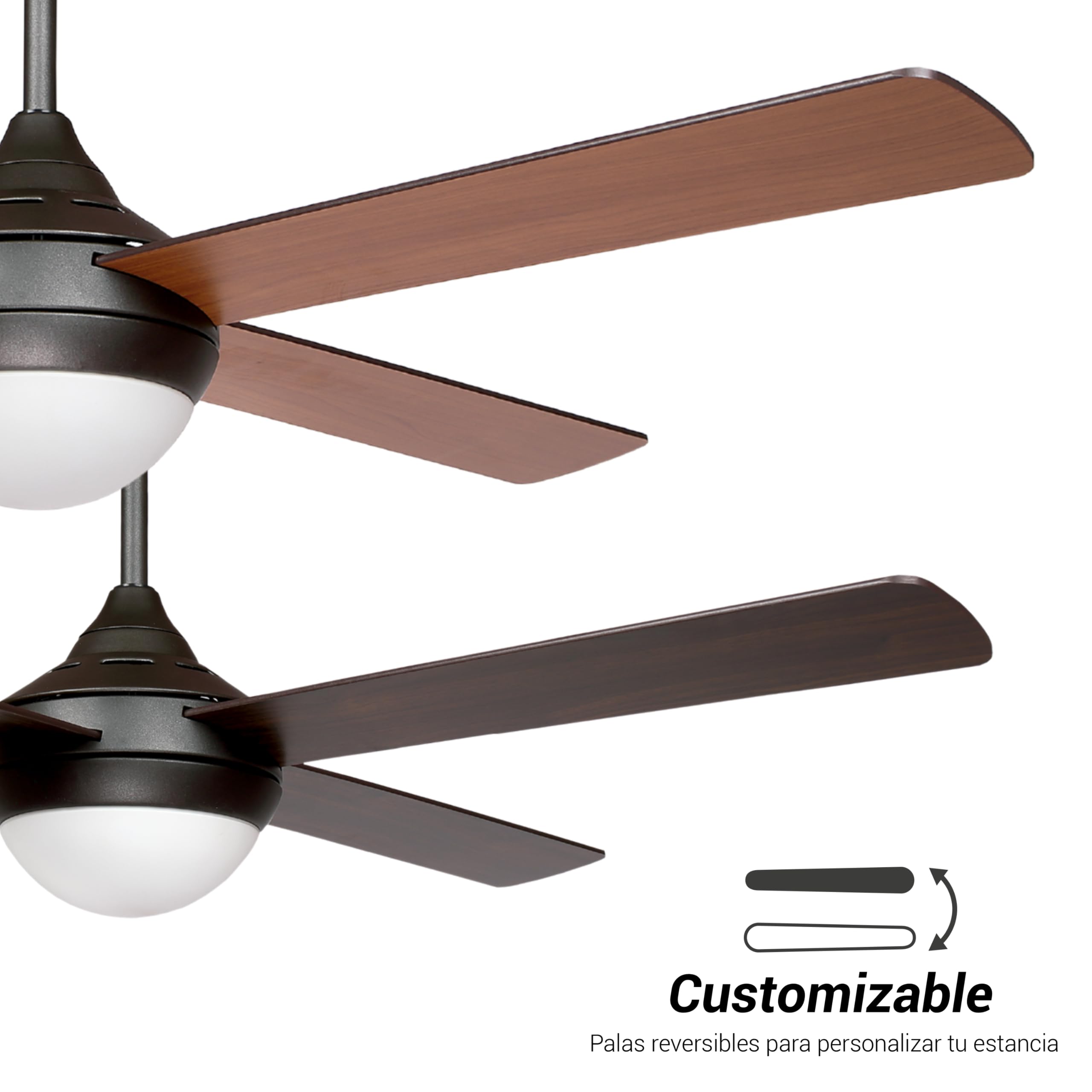 Sulion - Ventilador de Techo BALOO – Motor DC Silencioso, 4 Palas Reversibles Madera Clara/Oscura, Difusor de Cristal Opal, Temporizador, Modo Invierno-Verano, Apto Bombillas E27, Marrón Ø122 cm