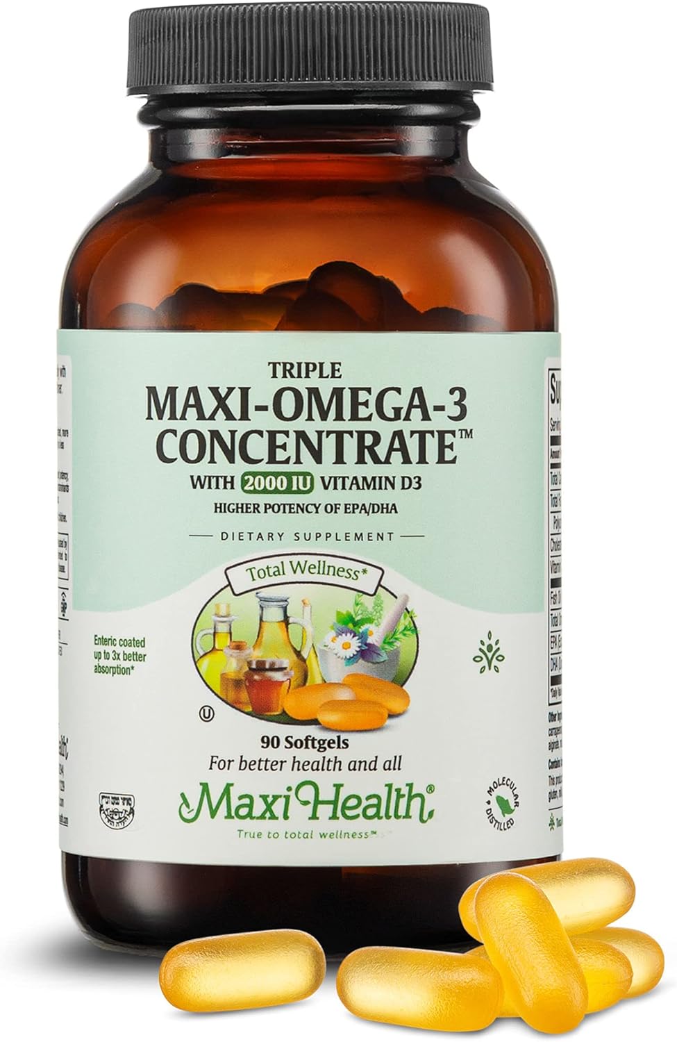 Maxi Health Omega 3 Supplement - Omega-3 Fish Oil Triple Concentrate w/ Vitamin D3 - Potent Source of EPA / DHA Fatty Acids - Heart, Brain, Joint Health - Kosher Wild Caught Marine Fish - 90 Softgels