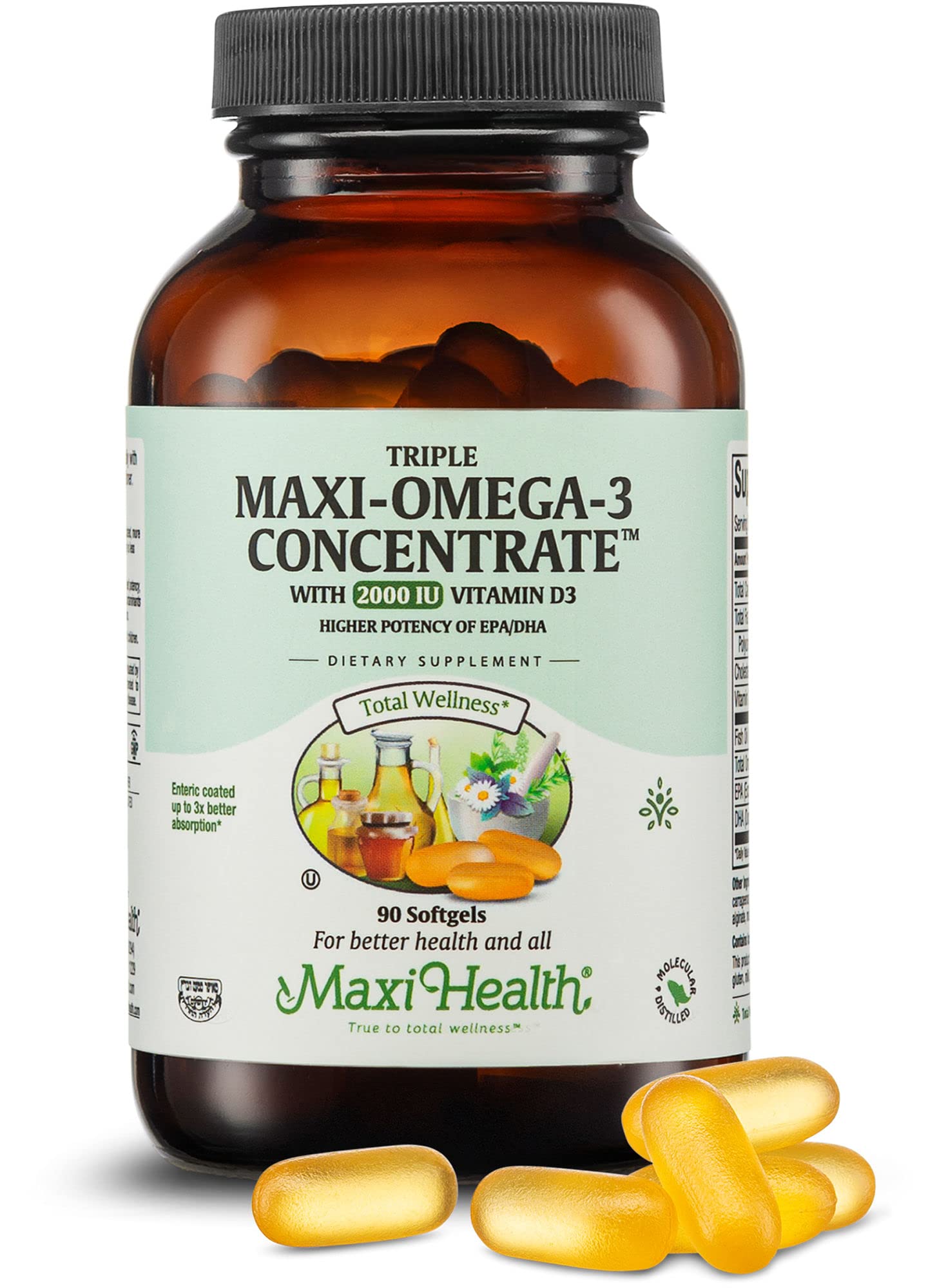Maxi Health Omega 3 Supplement - Omega-3 Fish Oil Triple Concentrate w/ Vitamin D3 - Potent Source of EPA / DHA Fatty Acids - Heart, Brain, Joint Health - Kosher Wild Caught Marine Fish - 90 Softgels