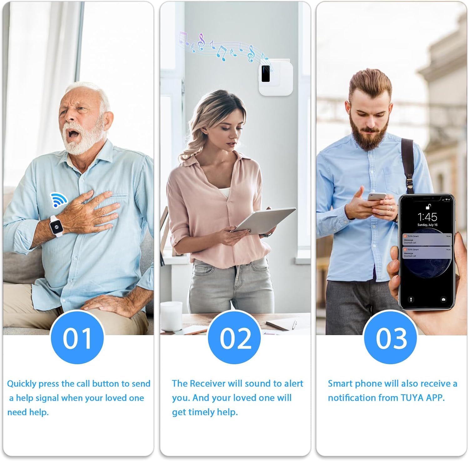 DAYTECH WiFi Smart Wrist Call Button, Wireless Panic Button Linked To Phone, Personal Alarm for Elderly, 1*Rechargable Wrist Button, 1*WIFI Receiver Supports Tuya 2.4GHz Wi-Fi 7 716IEFABL1L. AC SL1500