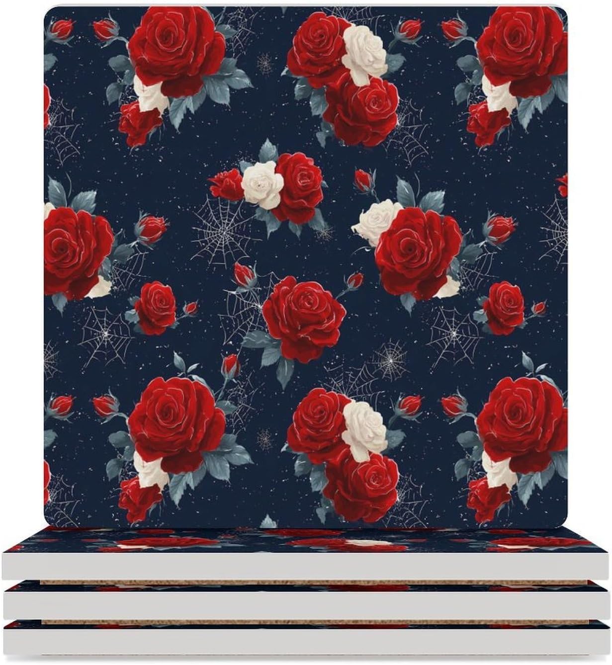 Halloween Roses Spiderwebs Coaster for Drinks Square Ceramic Table Coasters Stone Mat Crafts 4PCS Home Kitchen Decor