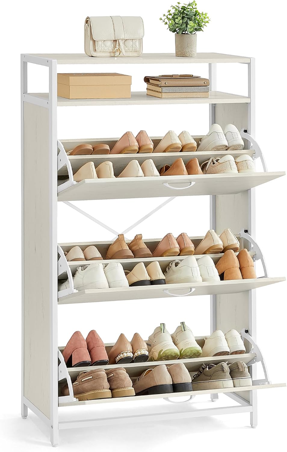 vasagle shoe cabinet with 3 flip drawers, shoe storage cabinet, asjustable and removable dividers, holds 15-24 pairs of shoes, 11.8 x 31.5 x 51.2 inches, rustic white and matte white ulbs802w01 3-flip-drawer shoe cabinet 11.8"d x 31.5"w x 51.2"h rustic wh