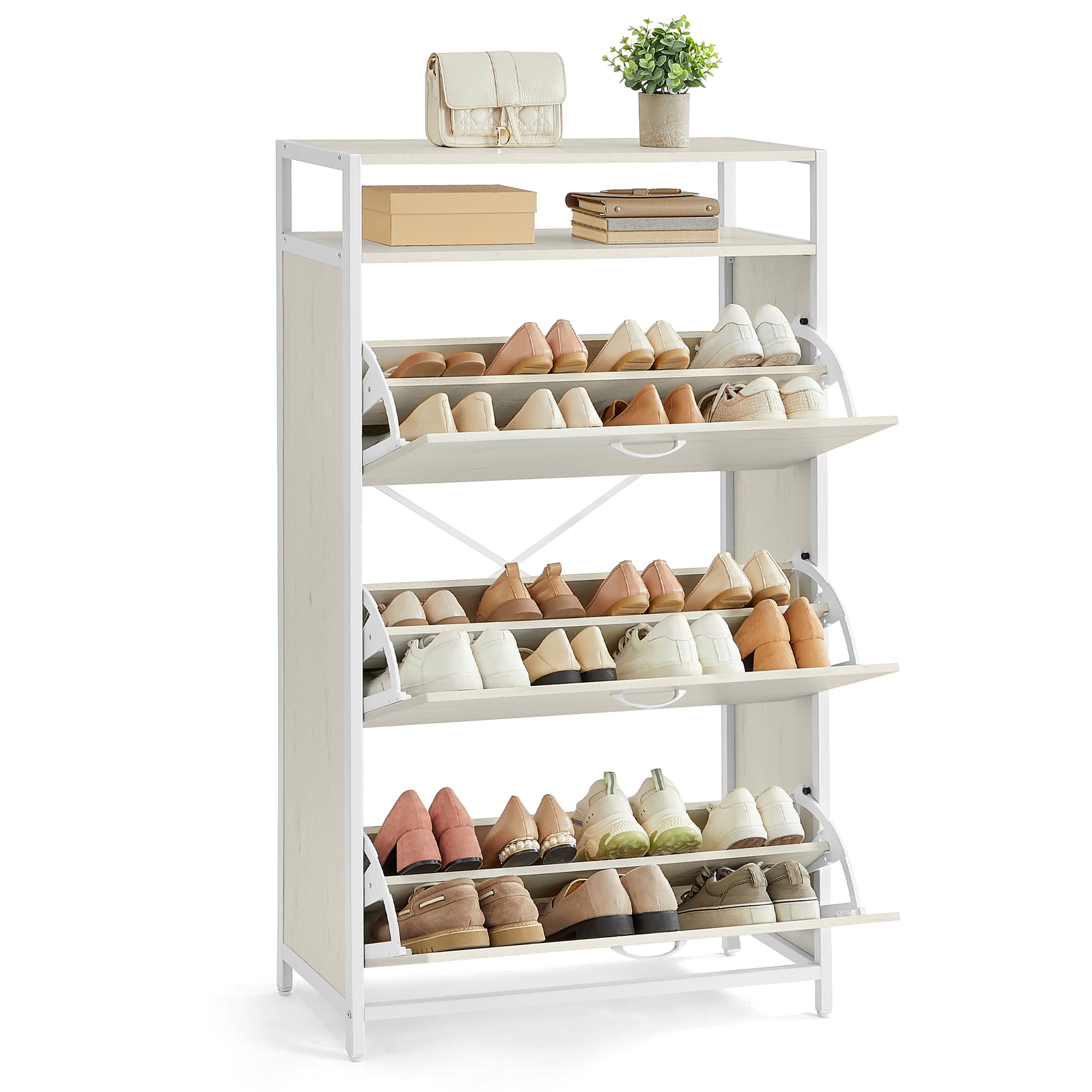 VASAGLE Shoe Cabinet with 3 Flip Drawers, Shoe Storage Cabinet, Asjustable and Removable Dividers, Holds 15-24 Pairs of Shoes, 11.8 x 31.5 x 51.2 Inches, Rustic White and Matte White ULBS802