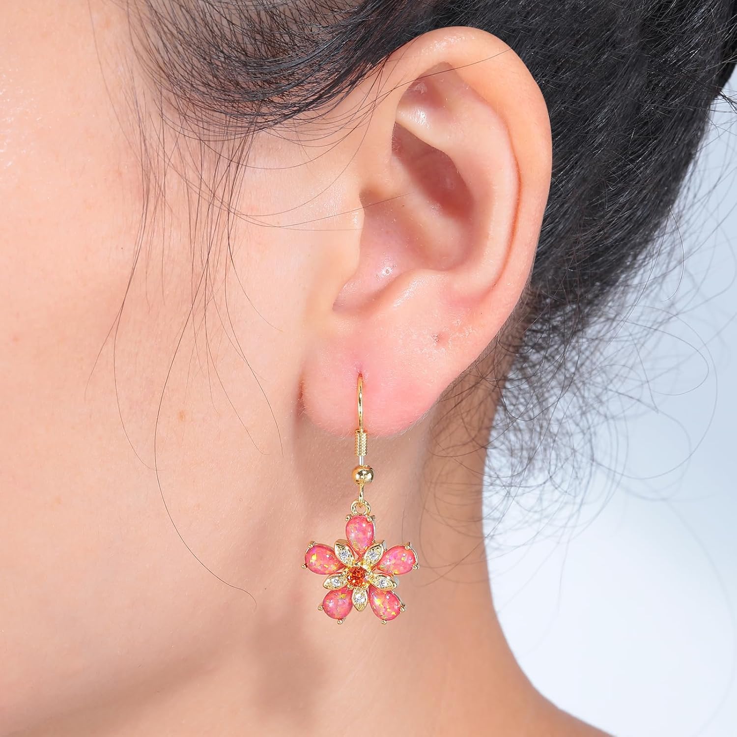 CiNily Flower Shaped Dangle Earrings for Women Girls Opal Drop Dangle Earrings 14K White/Gold Plated Dainty Leverback Dangle Earrings Lightweight Statement Jewelry for Wedding Party Birthday - Image 2