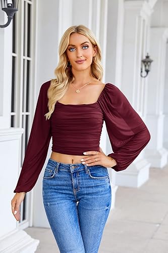 Miniatura 3 de Wenrine Womens Mesh Long Sleeve Crop Tops Night Going Out Square Neck Off The Shoulder Ruched Shirt Blouses Dressy Casual