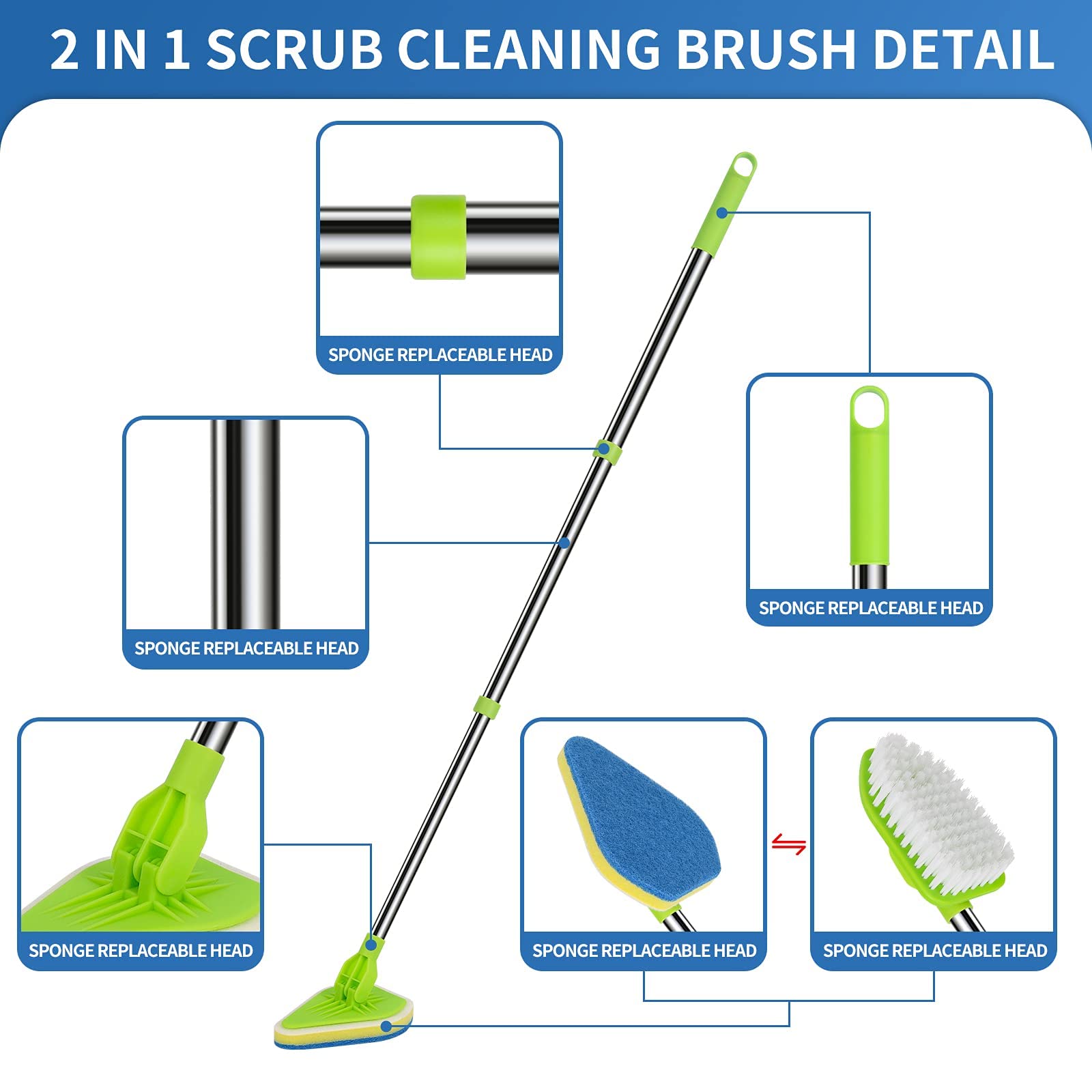 Cepillo de Limpieza 2 en 1 con Mango Extensible de 37 Pulgadas de Largo, 1 cerdas rígidas y 3 cepillos de Esponja, Limpiador de Ducha Desmontable Ligero para Limpiar baño, Ducha, bañera,