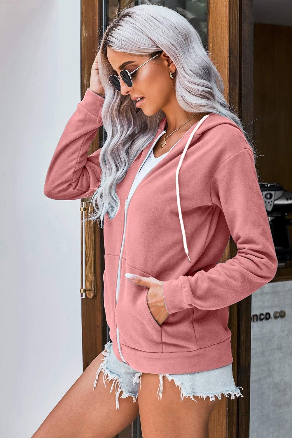 WROLEM Women Casual Full Zip Up Hoodie Comfy Loose Long Sleeve Sweatshirt Solid Color Jacket with Pockets