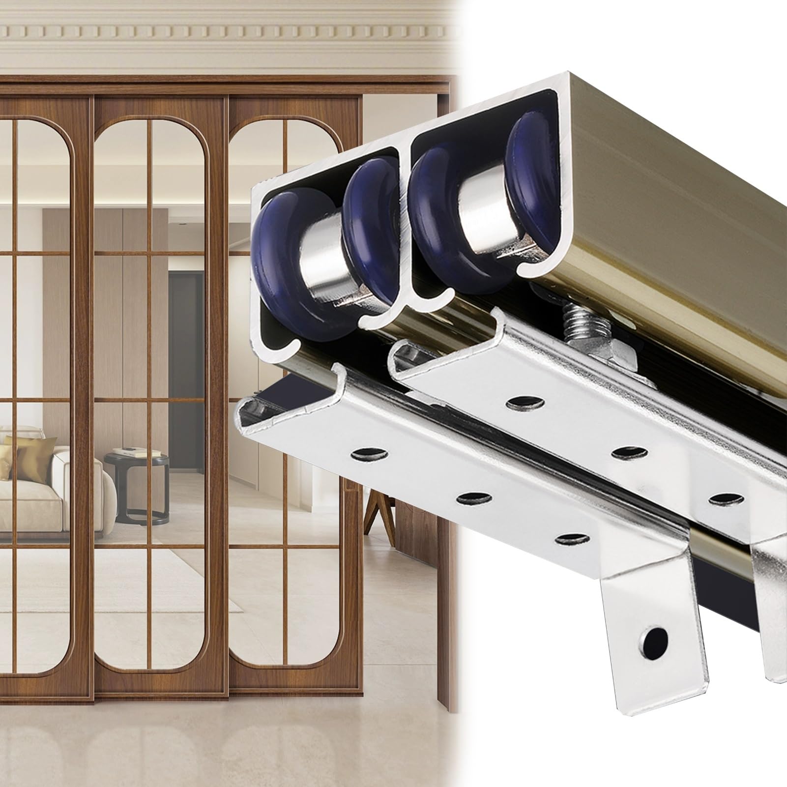 1/2/3/4/5/6/6.6 m Kit Rail Porte Coulissante Double avec Roulettes, Kit de Quincaillerie para Porte Coulissante Placard/Grange, Alliage D'aluminium, Installation au Plafond(Blanc,1.4m/4.6ft)