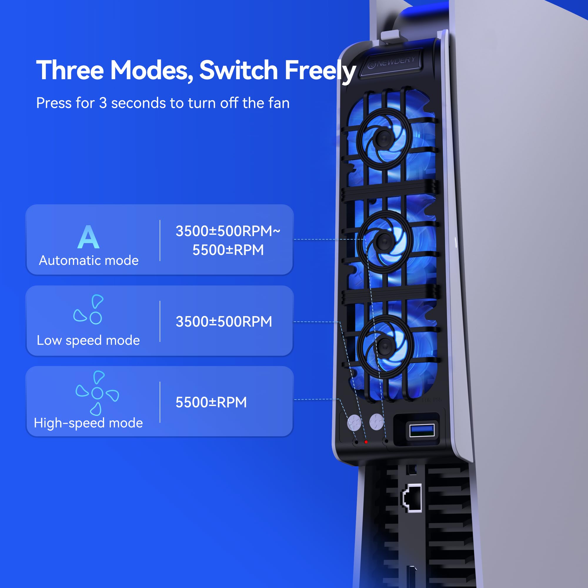 NEWDERY Ventilador para Accesorios de PS5. Ventilador silencioso Mejorado, Velocidad Ajustable automáticamente según la Temperatura, luz RGB dinámica, Compatible con PlayStation 5