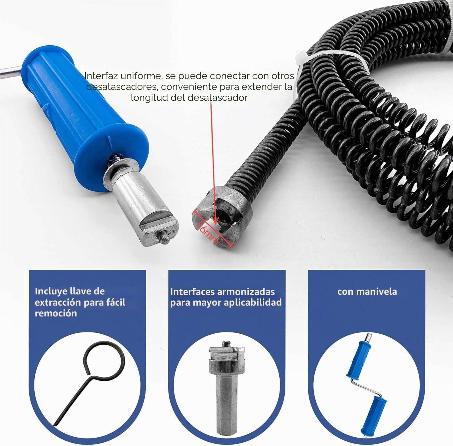 Para limpieza de tuberías 5m,10mm de diámetro sirga desatascar tuberias,con adaptadores eléctricos y manuales (5m)