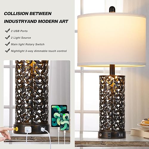 Miniatura 2 de Juego de 2 lámparas vintage para sala de estar, estilo rústico, retro, con 2 puertos USB y salida de CA, lámpara de escritorio industrial con