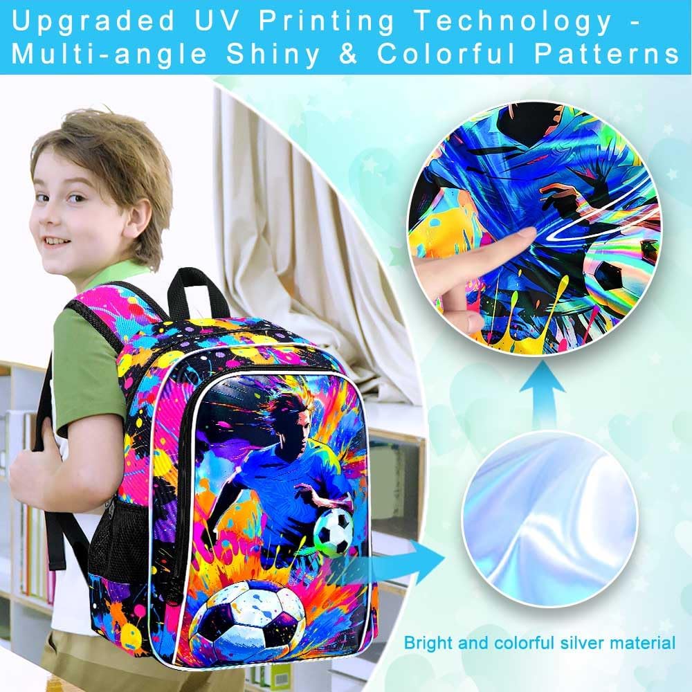 KLFVB 3PCS Backpack for Boys, 17" Kids Football Bookbag and Lunch Box, Water Resistant Teenagers School Backpacks for Middle Elementary - Spray-Paint Soccer
