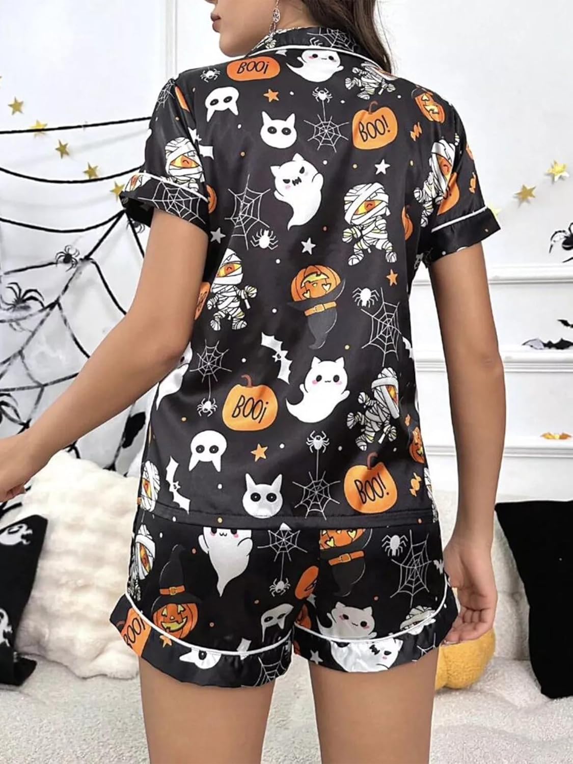 Women 2Pcs Halloween Silk Satin Lounge Sets Ghost Pumpkin Button Top Short Pajamas Set Loungewear Sleepwear - Image 3