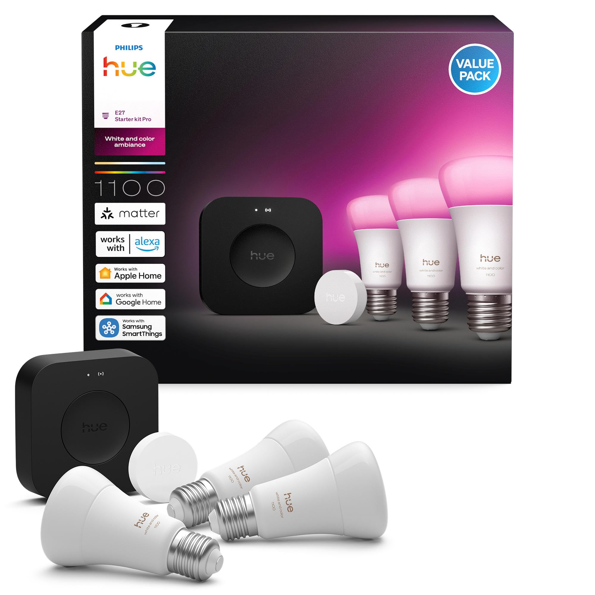 Philips Hue White & Colour Ambiance Starter Kit: 3 E27 Bulbs + Smart Button + Bridge Pro