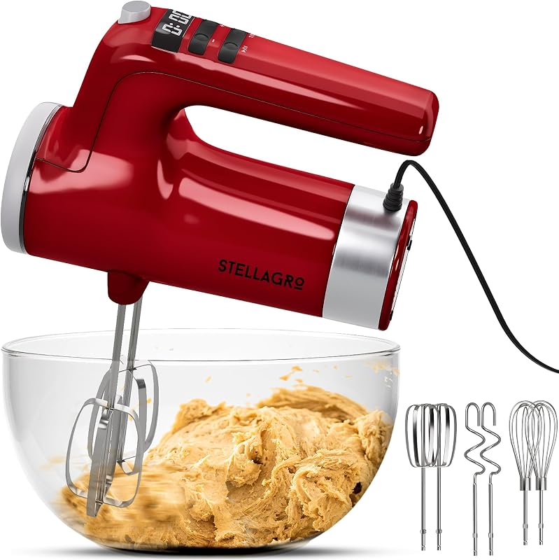 Electric Hand Mixer 350W, 9 Speed Handheld Mixer with Timer, Beaters, Whisks & Dough Hooks, Storage Case, Kitchen Mixer for Baking, Eggs, Cream, Cookie Dough & Frosting, Red