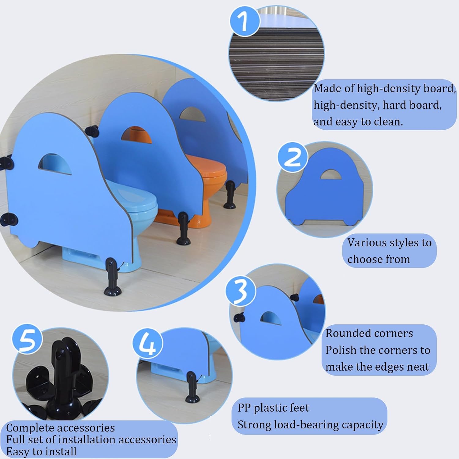 Wooden Nursery Toilet Partition Blue Wall Mounted Urinal Divider with Brackets & Support Legs for Schools Kindergartens Kids Bathroom (27.5x27.5in 1pc)