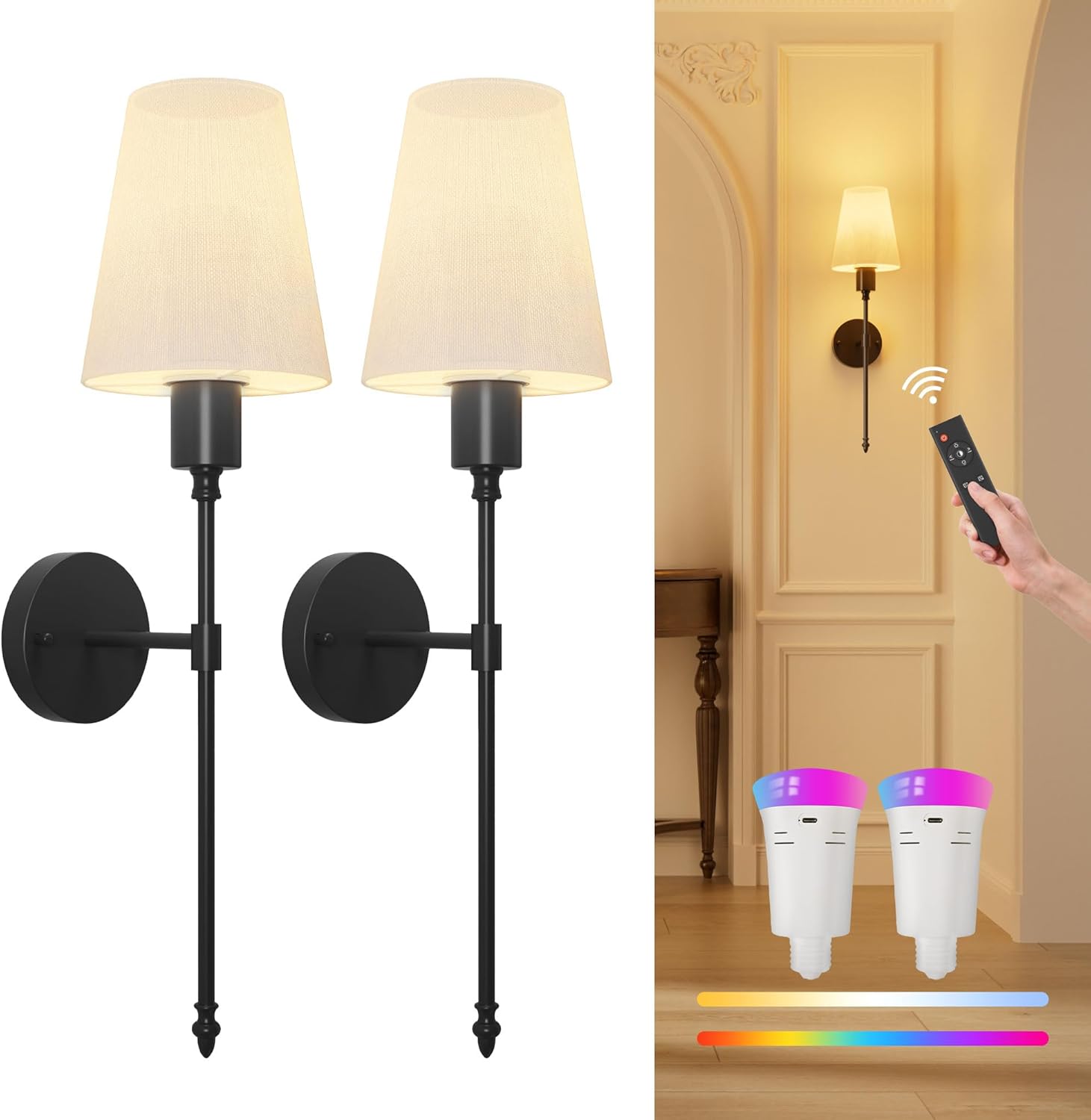 FULEN Wall Sconces Battery Operated Set of Two,18 Colors Cordless Wall Lights with Remote LED Indoor Wall Sconce Dimmable Detachable Bulbs,10000mAh Rechargeable Wall Lamps for Bedroom Living Room