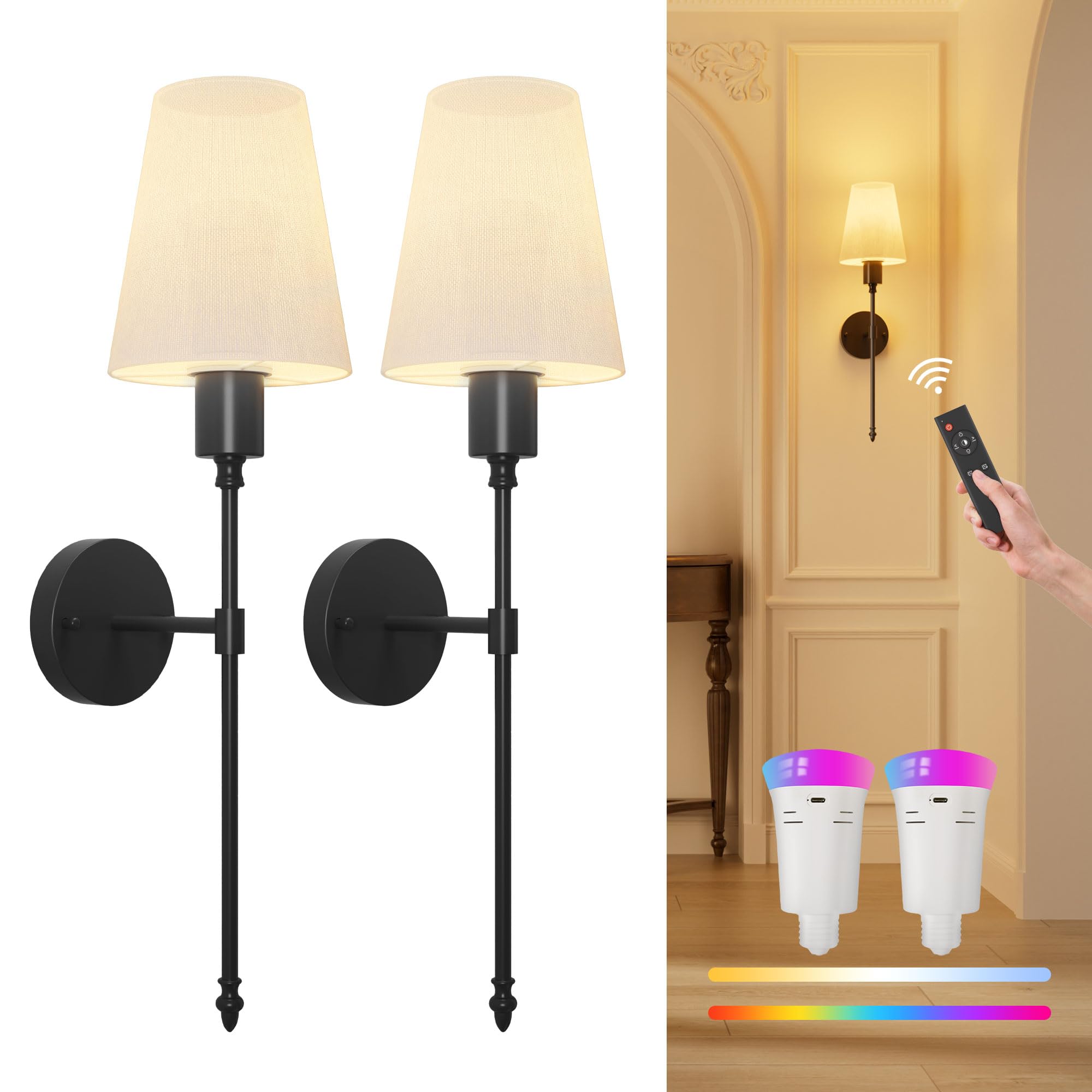 FULEN Wall Sconces Battery Operated Set of Two,18 Colors Cordless Wall Lights with Remote LED Indoor Wall Sconce Dimmable Detachable Bulbs,10000mAh Rechargeable Wall Lamps for Bedroom Living Room
