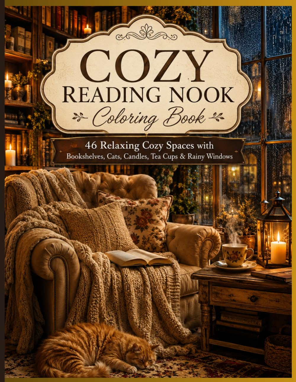 Cozy Reading Nook Coloring Book: 46 Relaxing Cozy Spaces with Bookshelves, Cats, Candles, Tea Cups & Rainy Windows