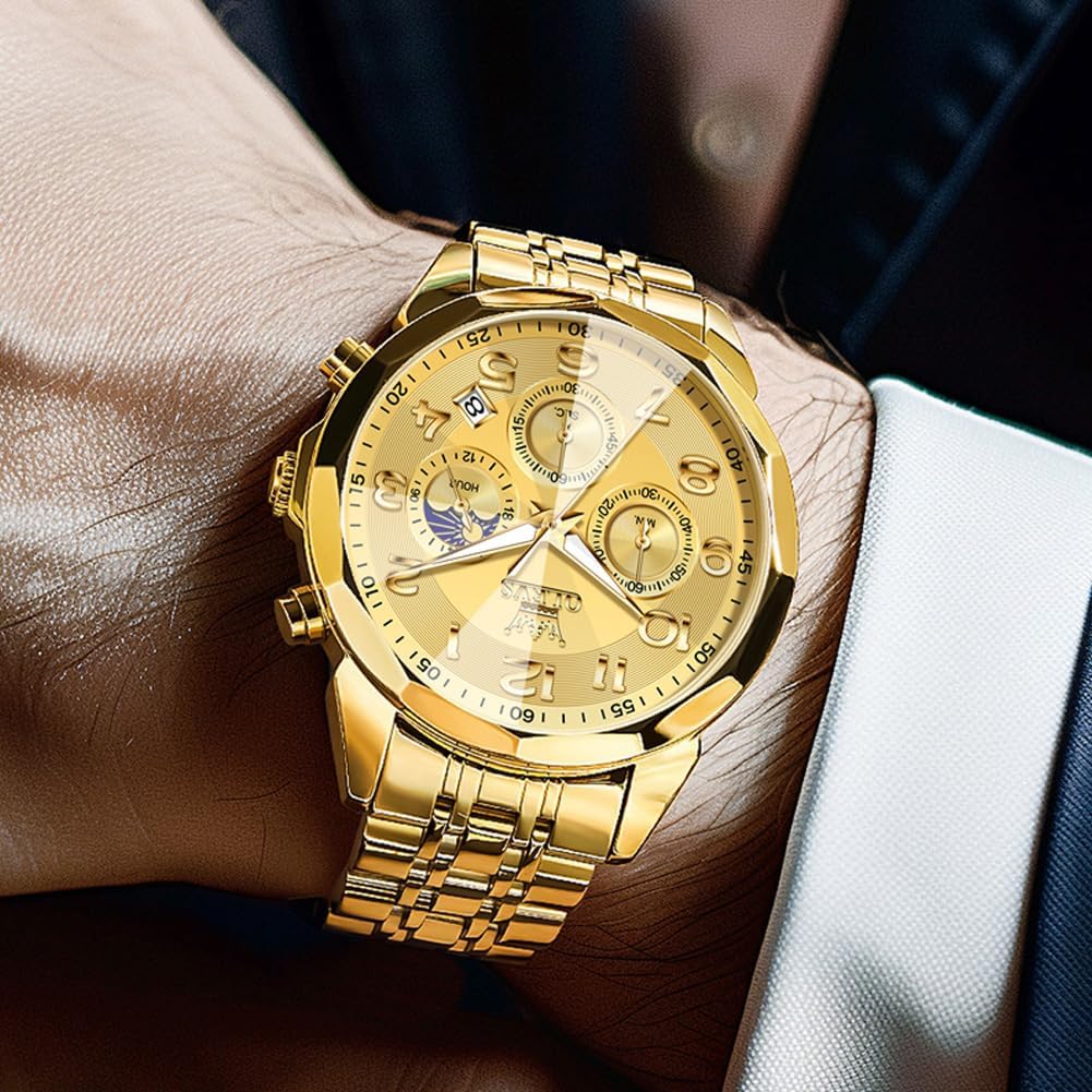 OLEVS Watches Men Luxury Chronograph Moon Phase Waterproof Luminous Watches for Men Analog Quartz Calendar Stainless Steel Strap Wrist Watches-(Black/Blue/Gold/Grey/Silver Face) - Image 3