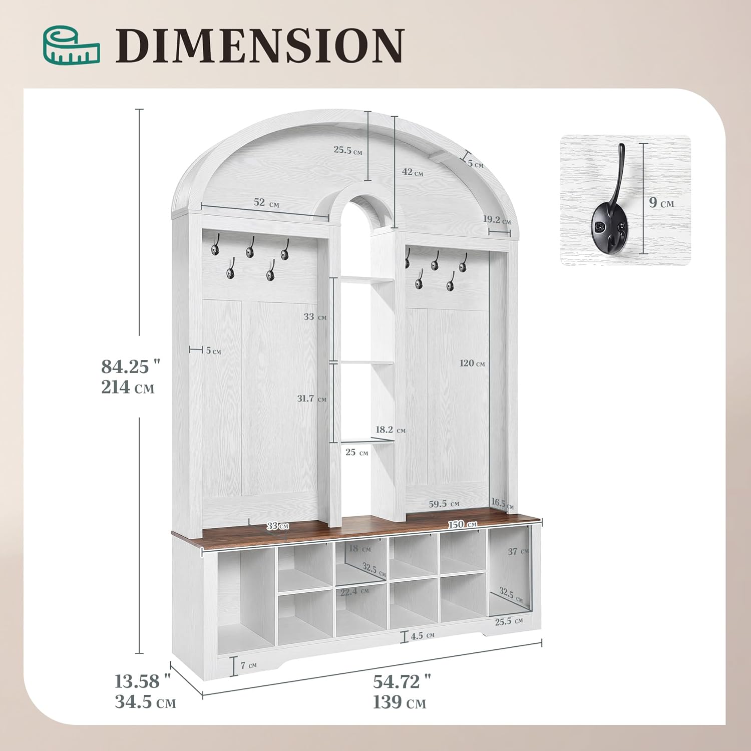 DWVO 59" W Hall Tree with Shoe Storage, Arched Entryway Bench with Coat Rack, 10 Shoe Cubbies Shelves & 10 Coat Hooks, Shoe Storage Bench for Entryway Hallway,White