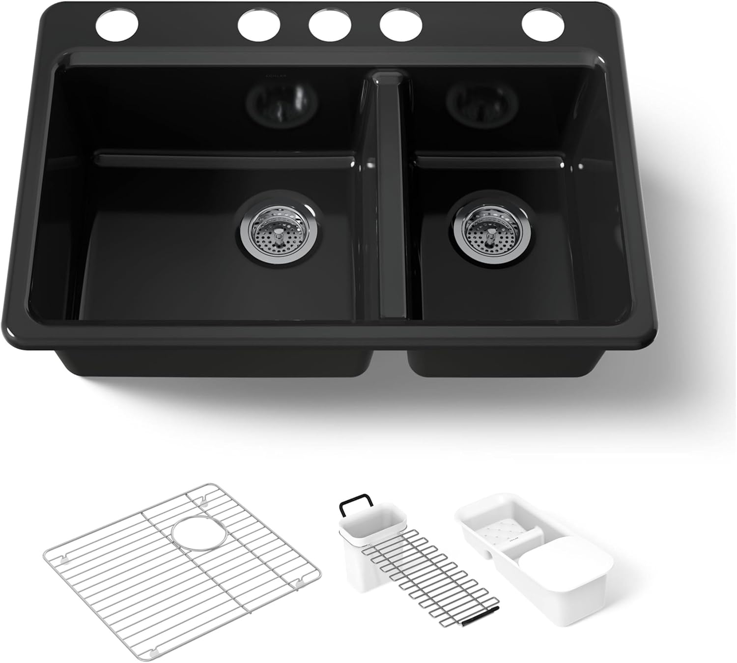KOHLER Riverby® 33" Offset Undermount Kitchen Sink, 9" Deep Large/Medium Double-Bowl, Kitchen Sinks with Accessories and 5 Faucet Holes, K-8669-5UA3-0, White