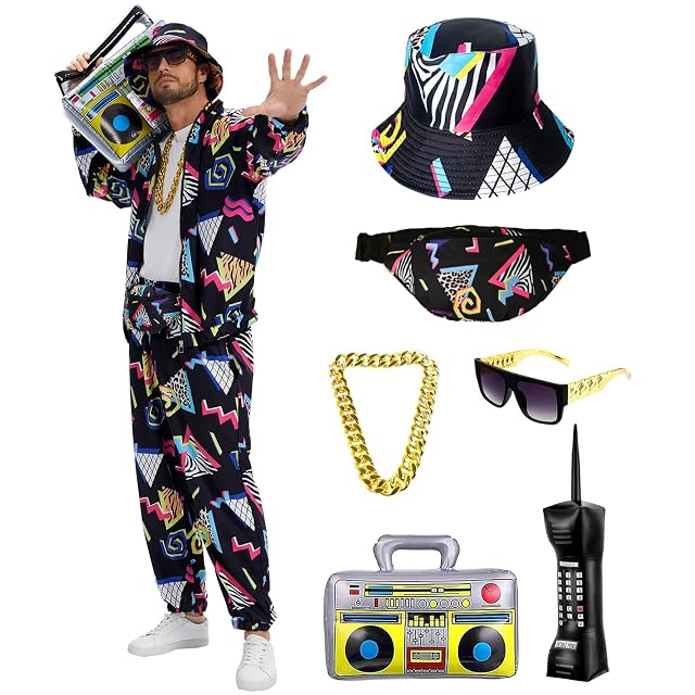 80s 90s Outfit for Men Tracksuit Costume Hip Hop Outfit Set Vintage Beach Tracksuit for Themed Disco Party
