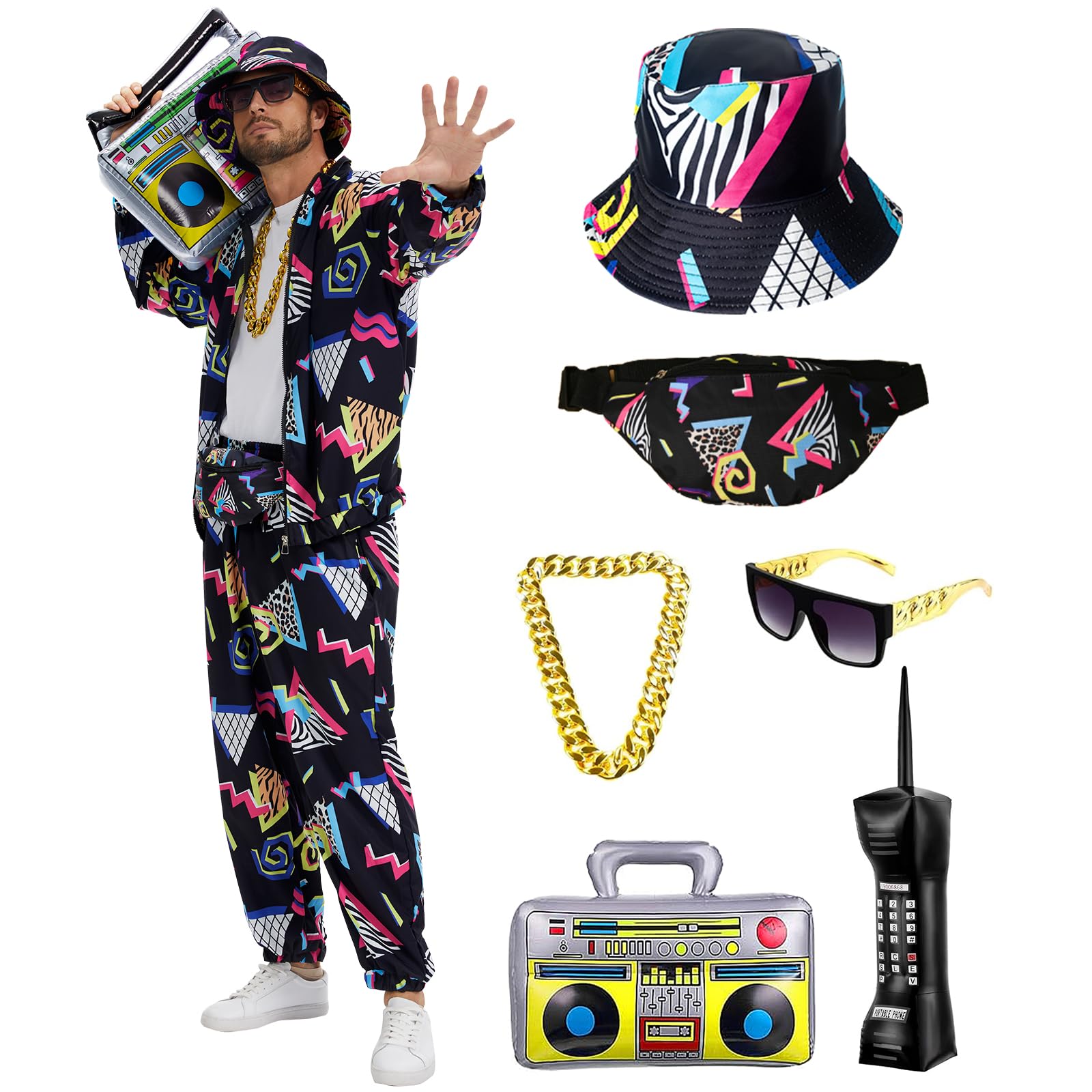 80s 90s Outfit for Men Tracksuit Costume Hip Hop Outfit Set Vintage Beach Tracksuit for Themed Disco Party