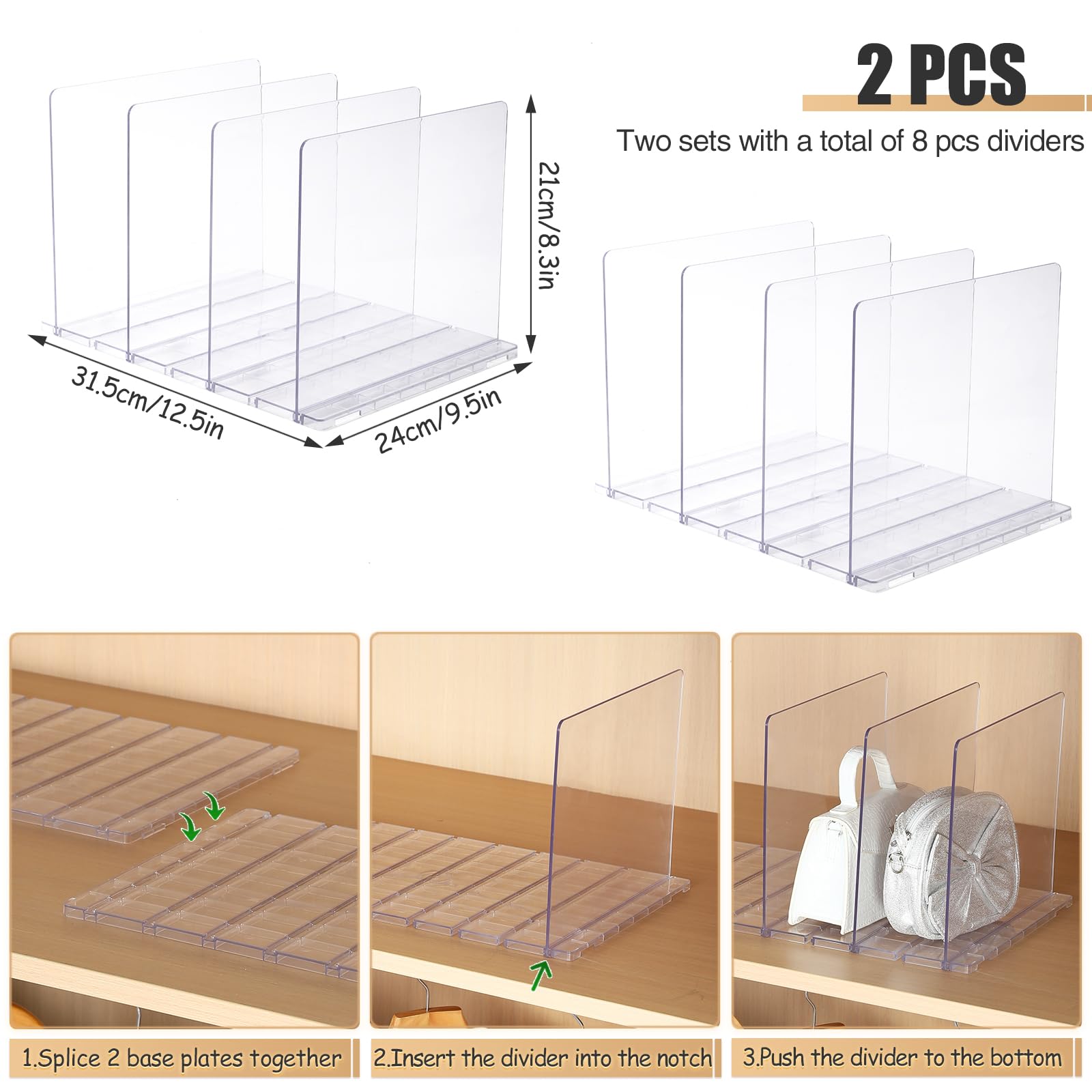 Fangoo 8 szt. regulowanych przegródek do toreb, akrylowych półek, organizer do torebki, przezroczyste przegrody, zdejmowane przechowywanie półek do sypialni, szafek kuchennych (przezroczyste)