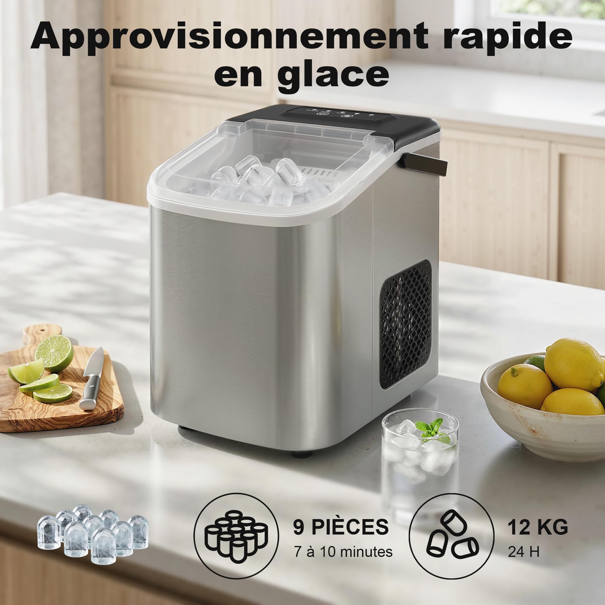 HOMCOM Machine à glaçons, 12kg en 24h, 9 glaçons en 7 minutes, ice maker portable avec fonction autonettoyante, panier et pelle, machine à glaçons pour maison, cuisine, bureau, bar, argent